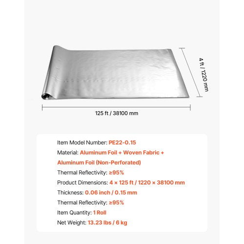 Dubbelreflekterande isoleringsrulle, operforerad vävd strålningsbarriär, 0,15 mm 38,1 m x 1,22 m, Dubbelsidig aluminiumfolie värmereflekterande sköld, Värmeisoleringsrulle för fönstertak | EU