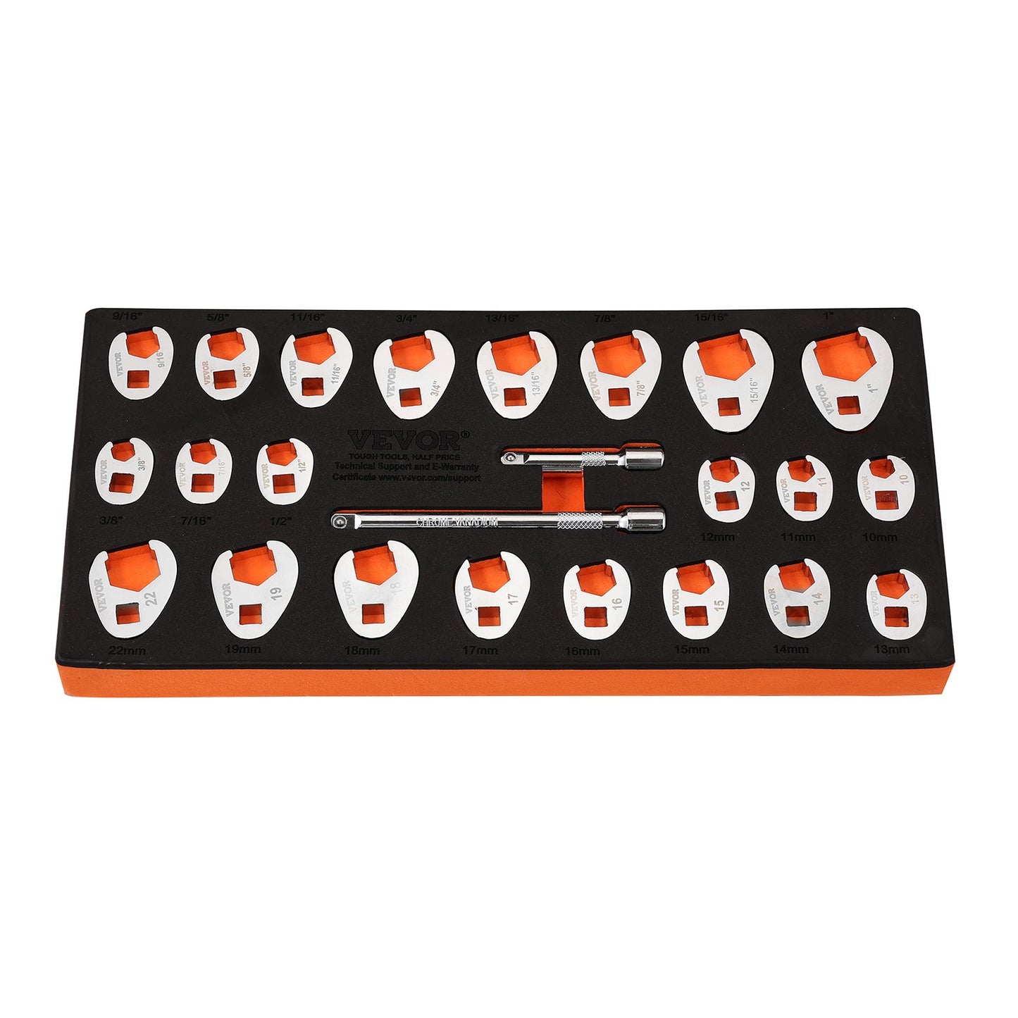 3/8" Drive Crowfoot Wrench Set with 2 Extension Bars, 24-Piece Crows Foot Wrench Set, SAE 3/8"-1" and Metric 10-22 mm, CR-MO Steel Crowfoot Wrench Set, with EVA Tool Organizer