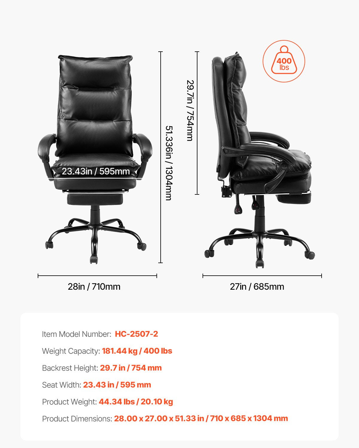Executive Office Chair Hög rygg Stol med Fotstöd Svankkudde Svart