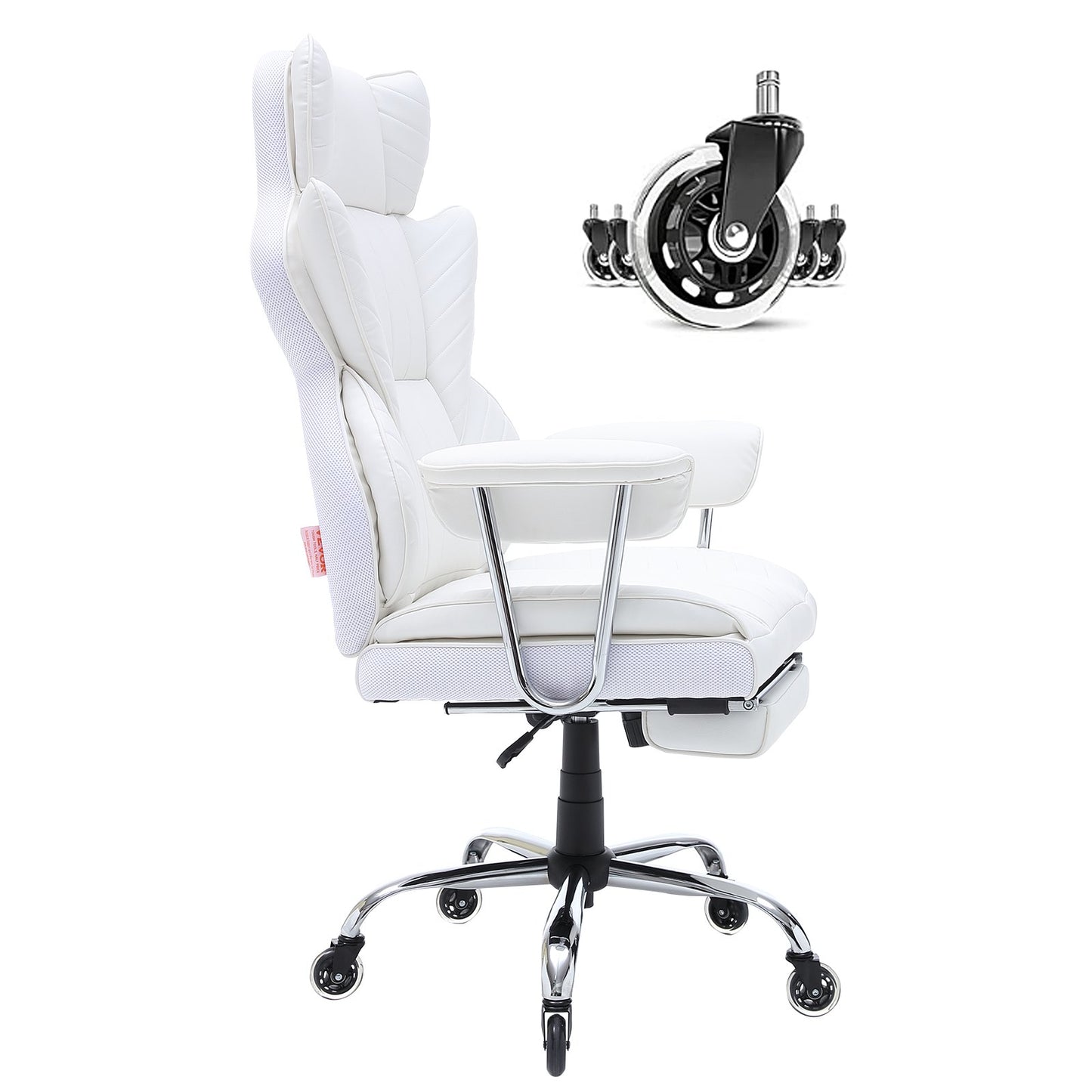 Reclining office chair with footrest, heavy duty PU leather wide office chair, large and long office chairs with lumbar support, strong metal base silent wheels, white