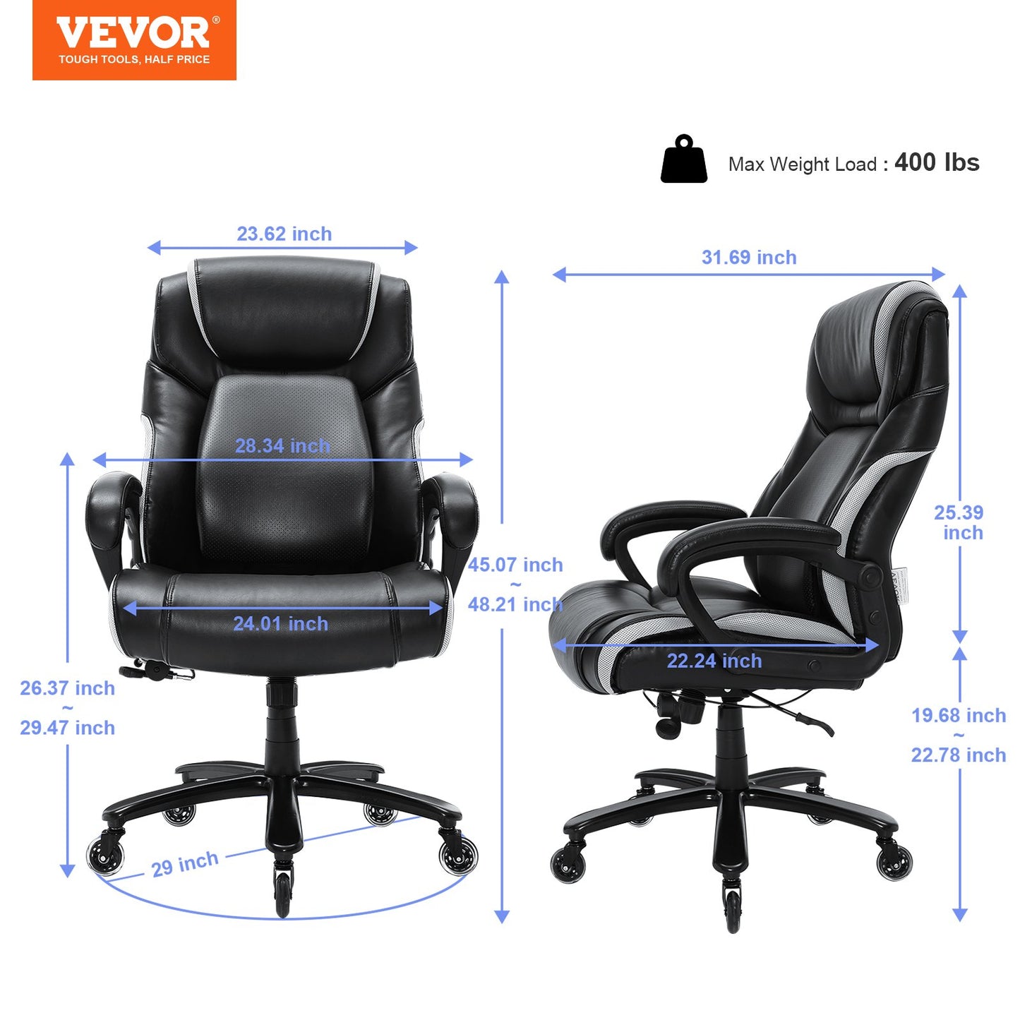 Heavy Duty Executive-kontorsstol med banbrytande justerbart svankstöd för långa timmar, stor och lång 400lbs kontorsstol, bred tjock vadderad stark metallbas Tysta hjul