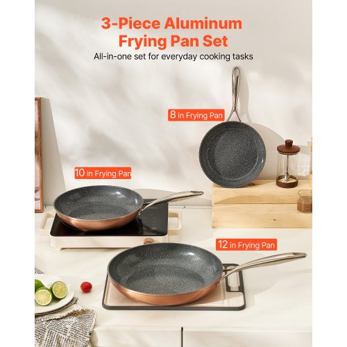 3-piece aluminum frying pan, frying pan, set with 200, 270, 300 mm handles, seasoned gray