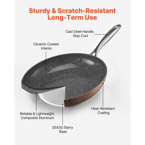 3-piece aluminum frying pan, frying pan, set with 200, 270, 300 mm handles, seasoned gray