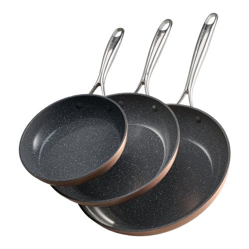 3-piece aluminum frying pan, frying pan, set with 200, 270, 300 mm handles, seasoned gray