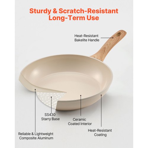 3-piece aluminum frying pan, frying pan, set with 200, 240, 280 mm handles, seasoned beige