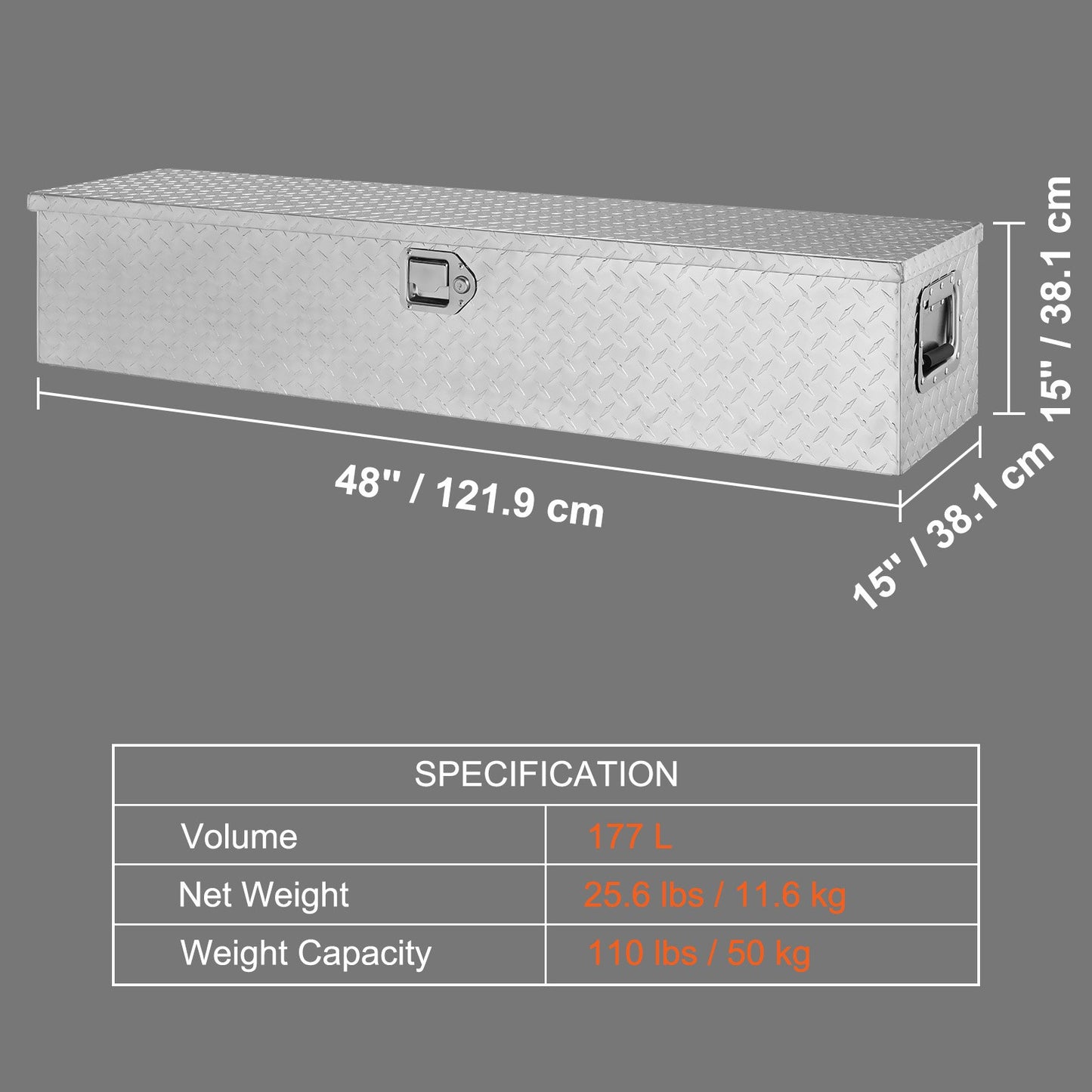 Heavy Duty lastbilsbädd i aluminium, verktygslåda med diamantplåt med sidohandtag och låsnycklar, förvaringsverktygslåda, förvaringsbox för pickup, lastbilsbädd, husbil, släp, 48"x15"x15", silver