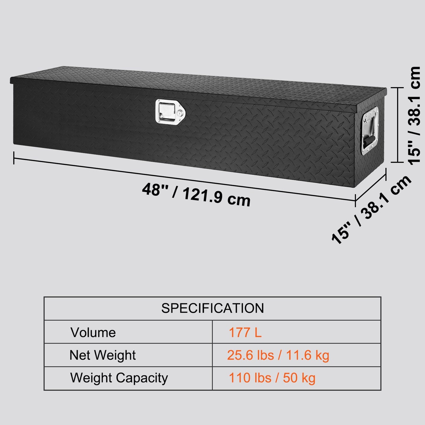 48"x15"x15" Heavy Duty Aluminium Bar Slitbana Verktygslåda för Pick Up Truck Bed