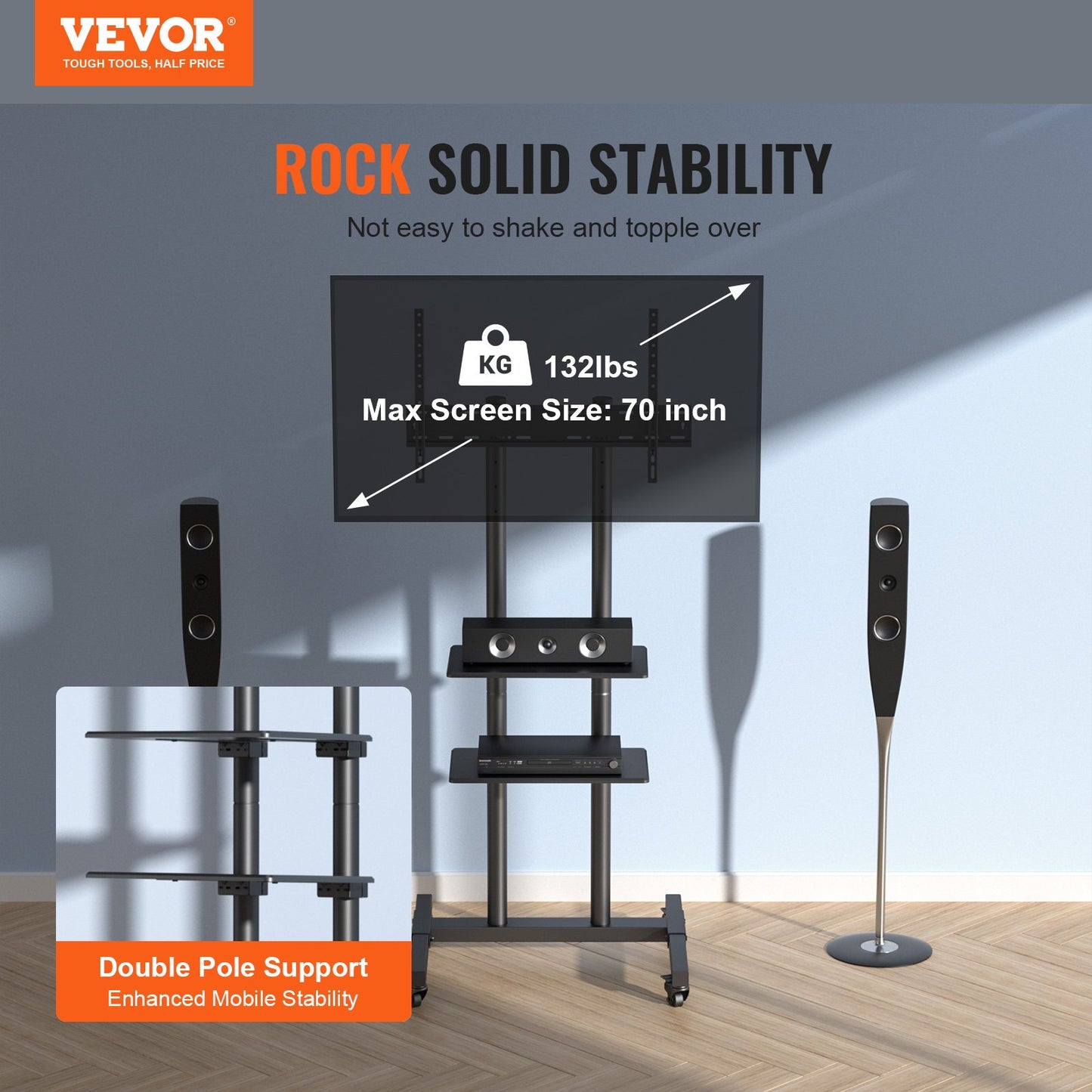 Mobile TV Stand, Mobile TV Cart for 32 to 70 Inch TVs, Height Adjustable Portable TV Stand with Wheels, Double Tray for Audiovisual Devices, Rolling TV Bench with Bracket for Bedroom, Living Room