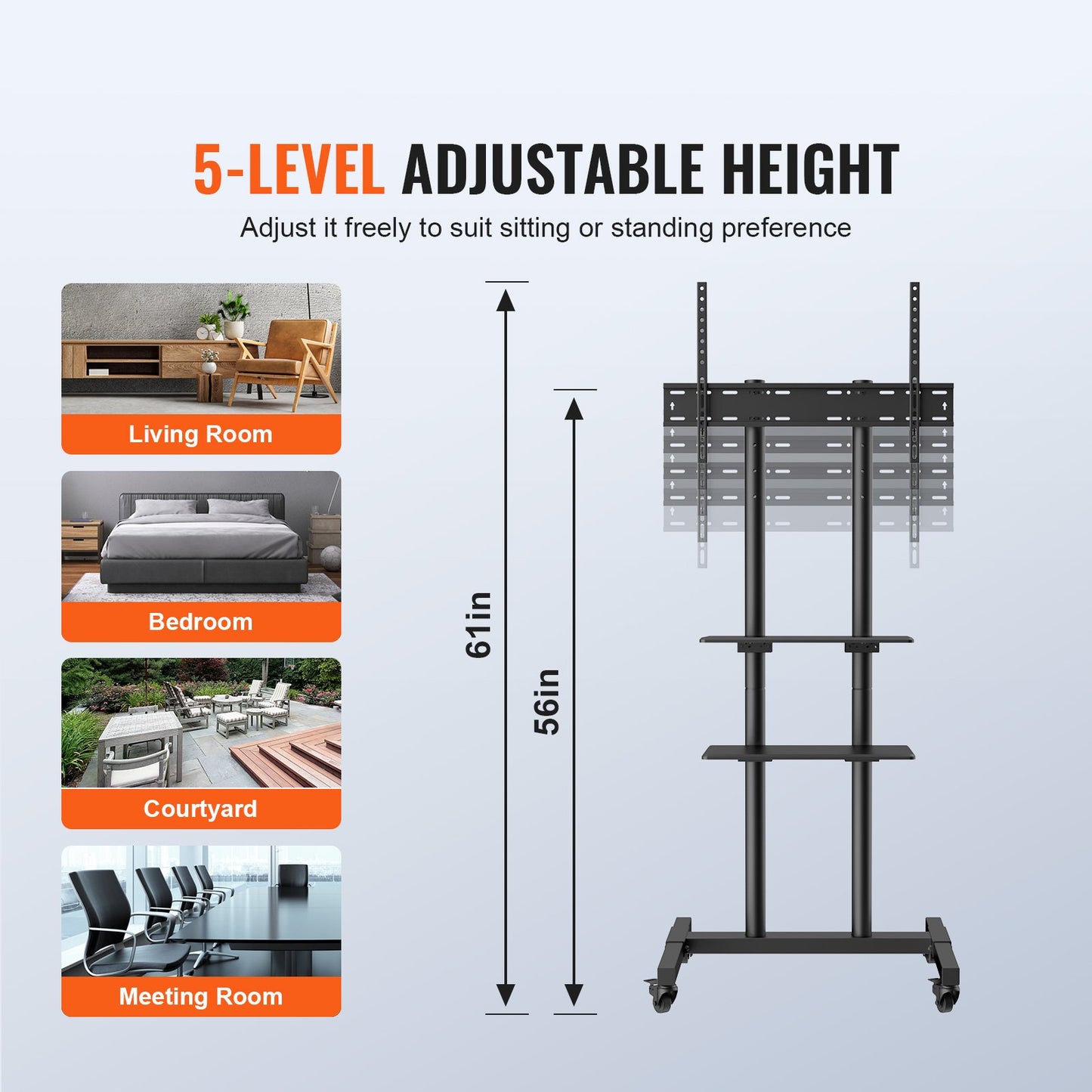 Mobile TV Stand, Mobile TV Cart for 32 to 70 Inch TVs, Height Adjustable Portable TV Stand with Wheels, Double Tray for Audiovisual Devices, Rolling TV Bench with Bracket for Bedroom, Living Room