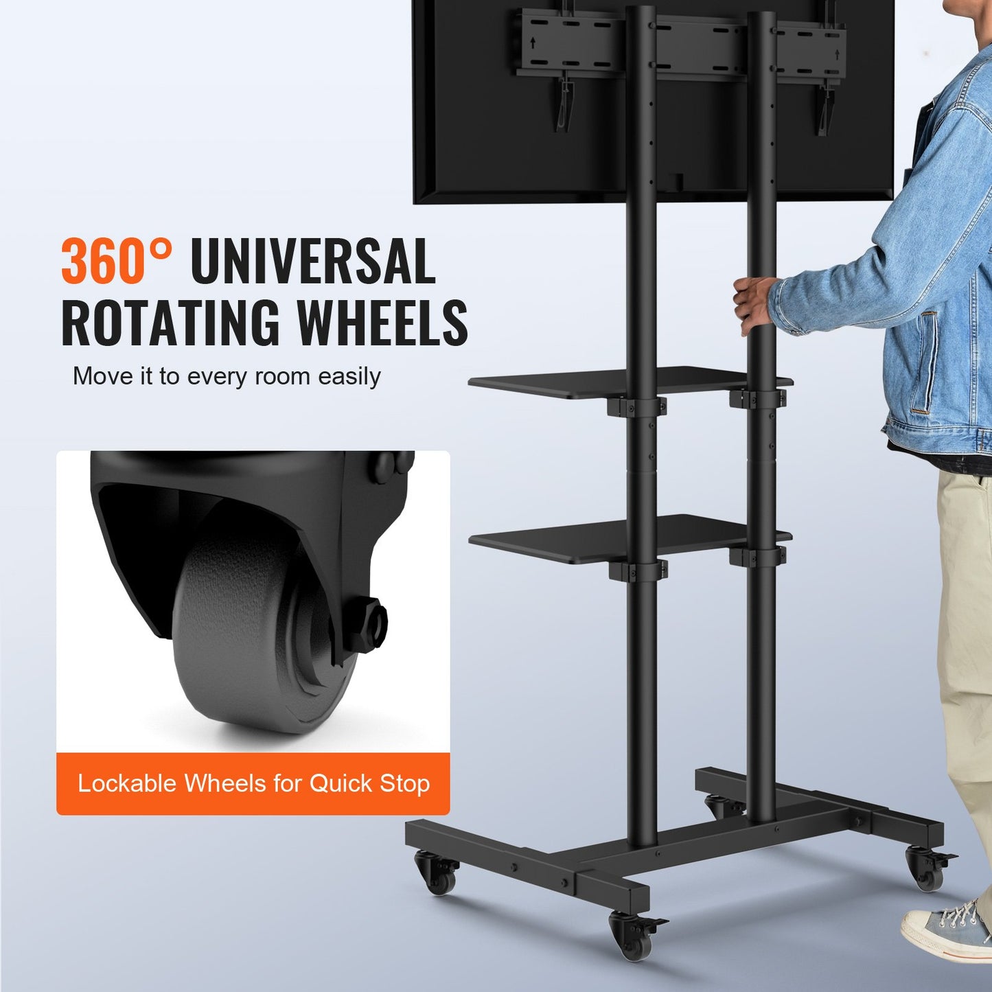 Mobile TV Stand, Mobile TV Cart for 32 to 70 Inch TVs, Height Adjustable Portable TV Stand with Wheels, Double Tray for Audiovisual Devices, Rolling TV Bench with Bracket for Bedroom, Living Room