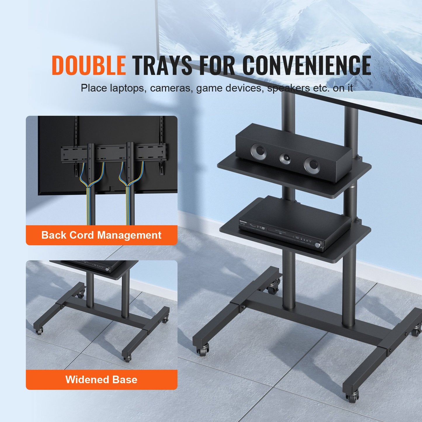 Mobile TV Stand, Mobile TV Cart for 32 to 70 Inch TVs, Height Adjustable Portable TV Stand with Wheels, Double Tray for Audiovisual Devices, Rolling TV Bench with Bracket for Bedroom, Living Room