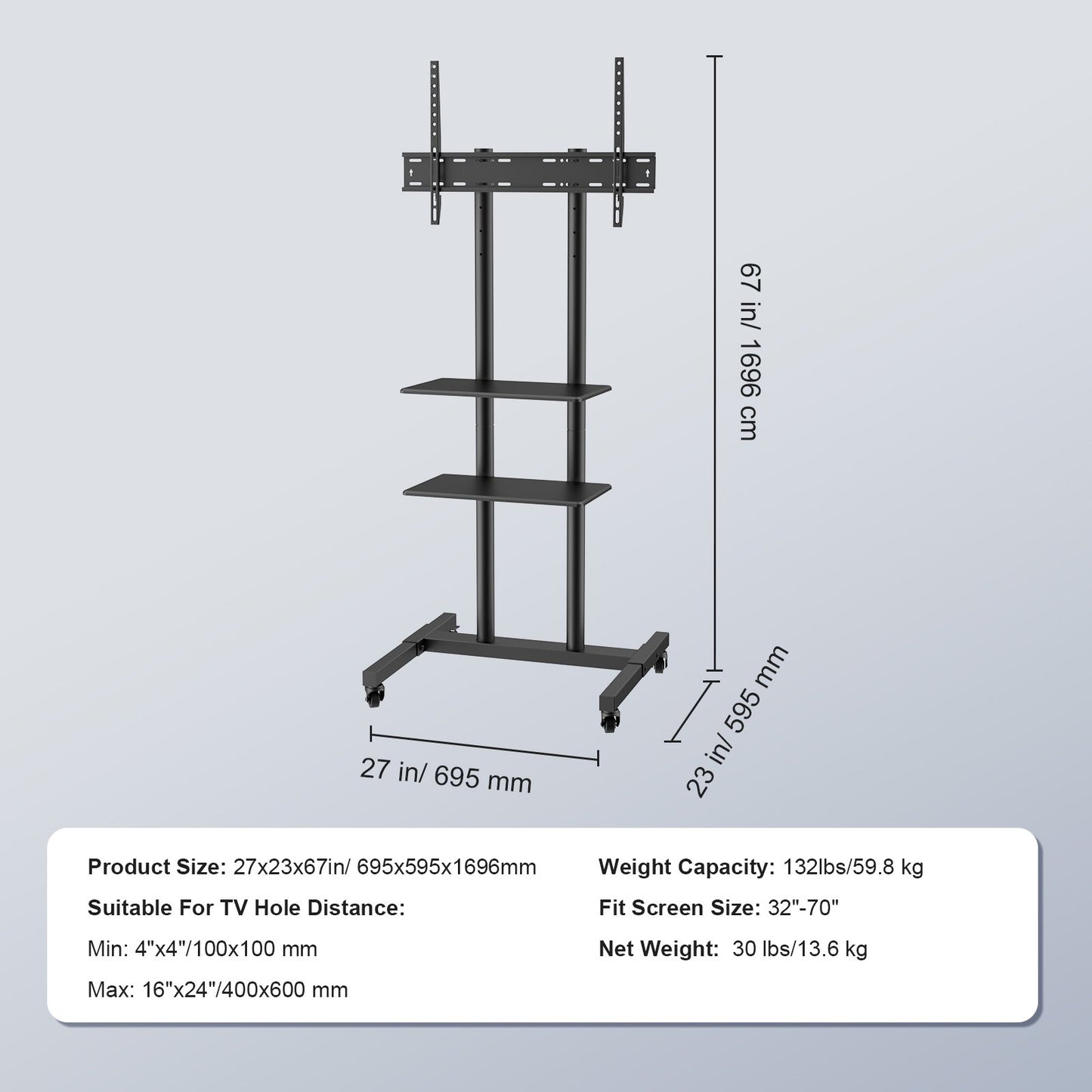 Mobile TV Stand, Mobile TV Cart for 32 to 70 Inch TVs, Height Adjustable Portable TV Stand with Wheels, Double Tray for Audiovisual Devices, Rolling TV Bench with Bracket for Bedroom, Living Room