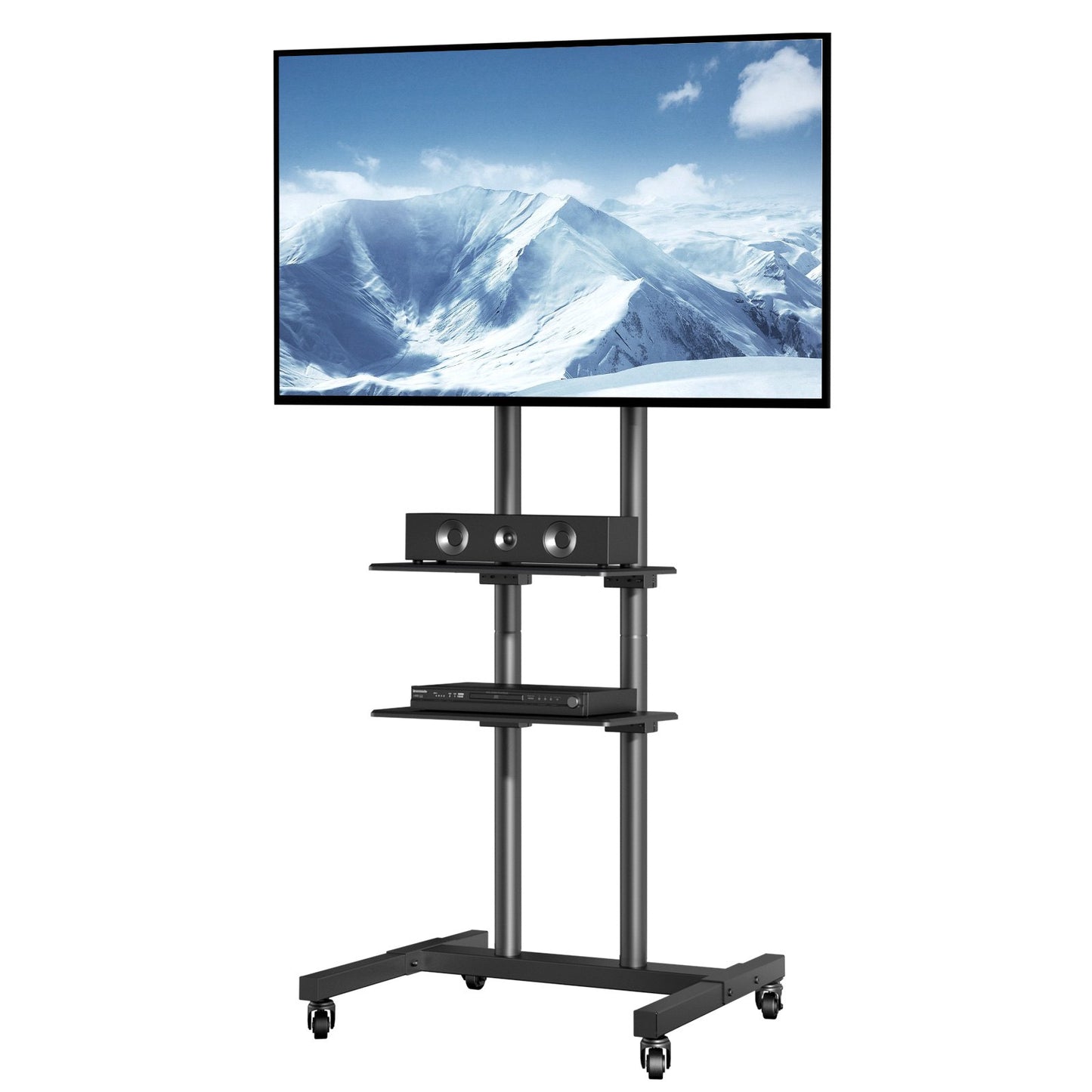 Mobile TV Stand, Mobile TV Cart for 32 to 70 Inch TVs, Height Adjustable Portable TV Stand with Wheels, Double Tray for Audiovisual Devices, Rolling TV Bench with Bracket for Bedroom, Living Room