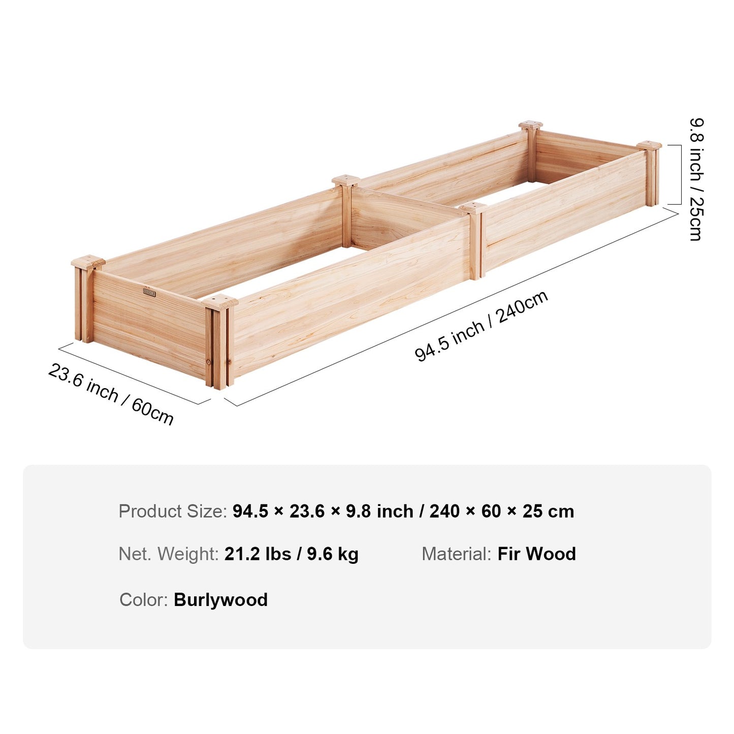 Upphöjd trädgårdssäng, 7,9 x 2 x 0,8 fot planteringslådor i trä, planteringslådor utomhus med öppen bas, för odling av blommor/grönsaker/örter på bakgård/trädgård/uteplats/balkong, Burlywood