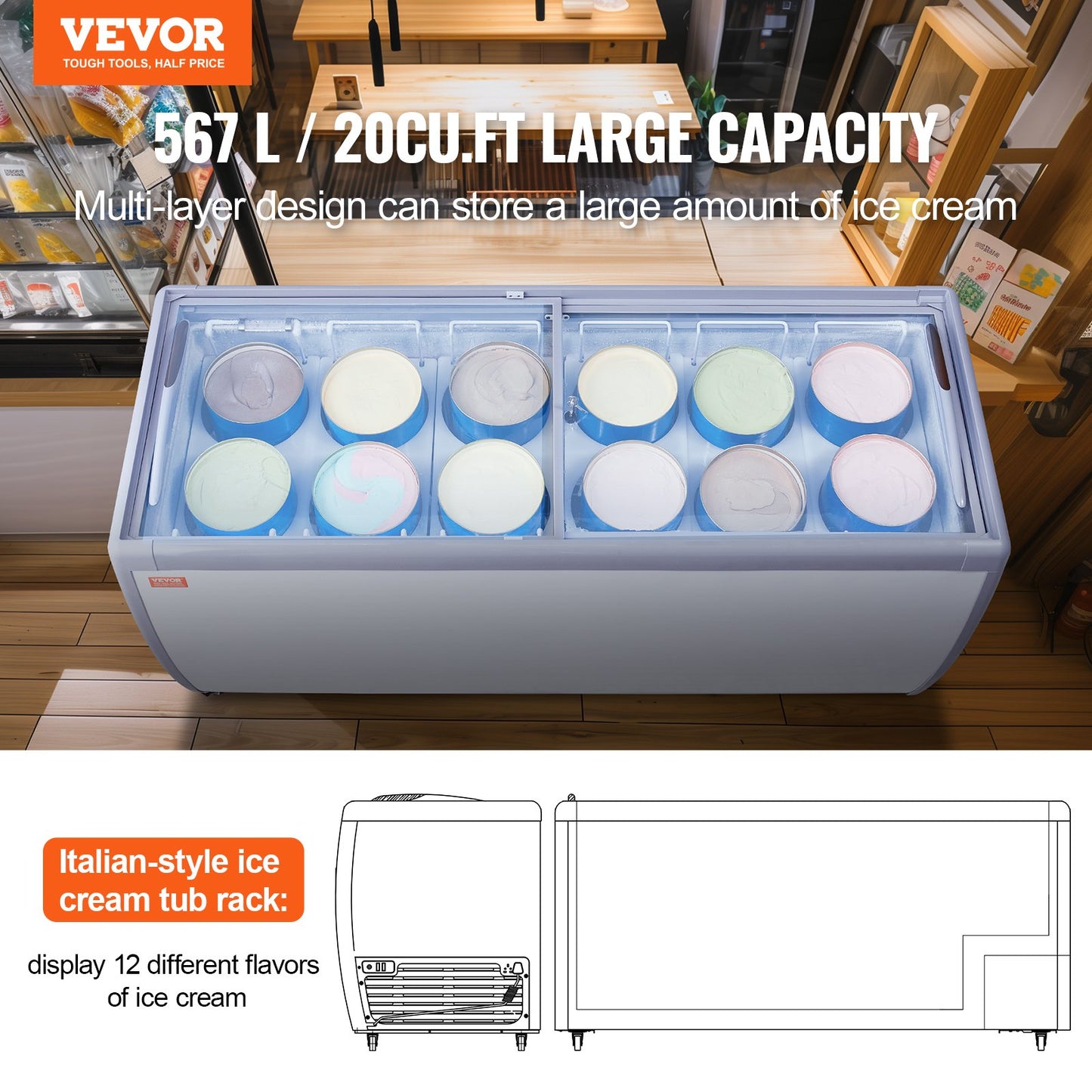 567 L Commercial Glass Display Case Gelato Doppfrysskåp