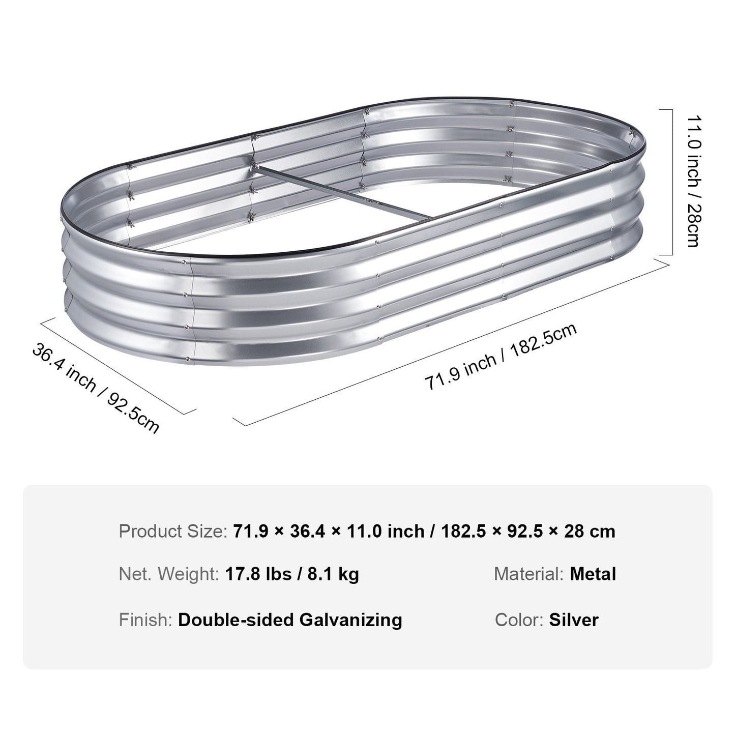 Upphöjd trädgårdssäng, 71,9 x 36,4 x 11 tums planteringslåda i galvaniserad metall, planteringslådor utomhus med öppen bas, för odling av blommor/grönsaker/örter på bakgård/trädgård/uteplats/balkong, silver