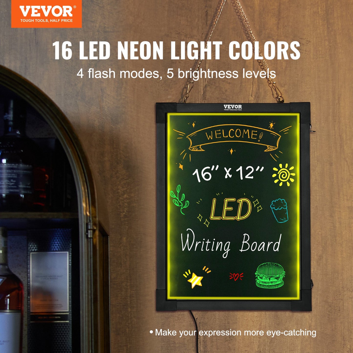 LED meddelandeskrivtavla 16"x12" upplyst raderbar upplyst svart tavla