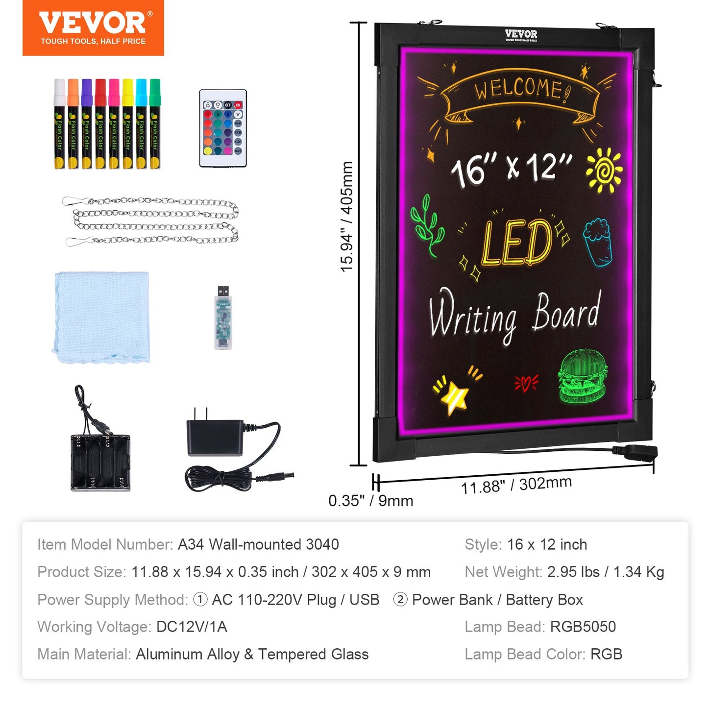 LED meddelandeskrivtavla 16"x12" upplyst raderbar upplyst svart tavla