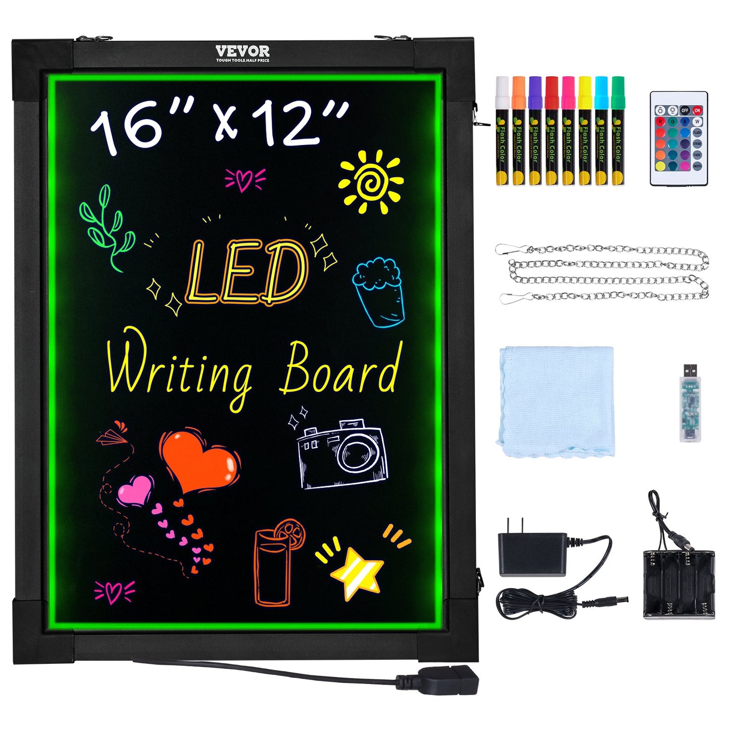LED meddelandeskrivtavla 16"x12" upplyst raderbar upplyst svart tavla