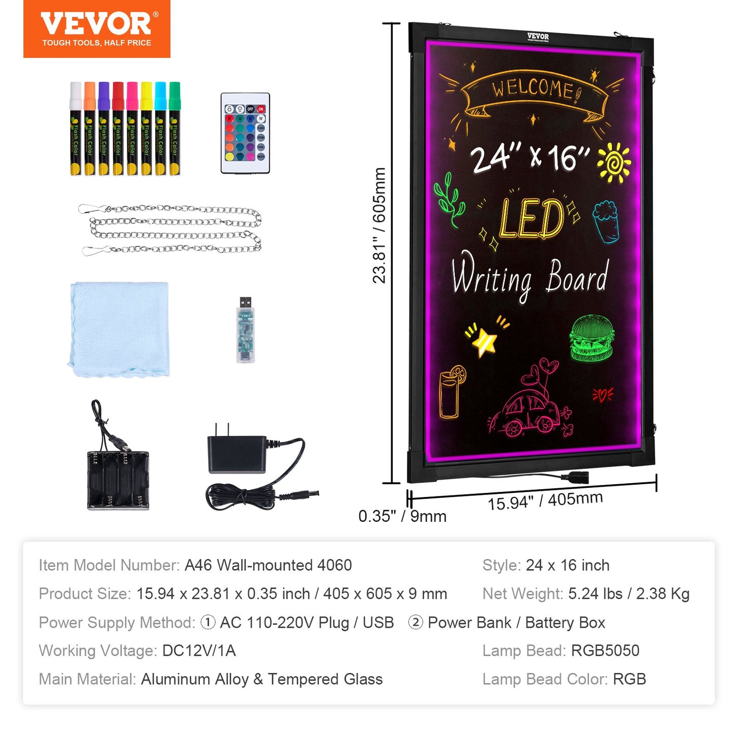 LED-anslagstavla Light Board Upplyst Raderbar 405x605mm