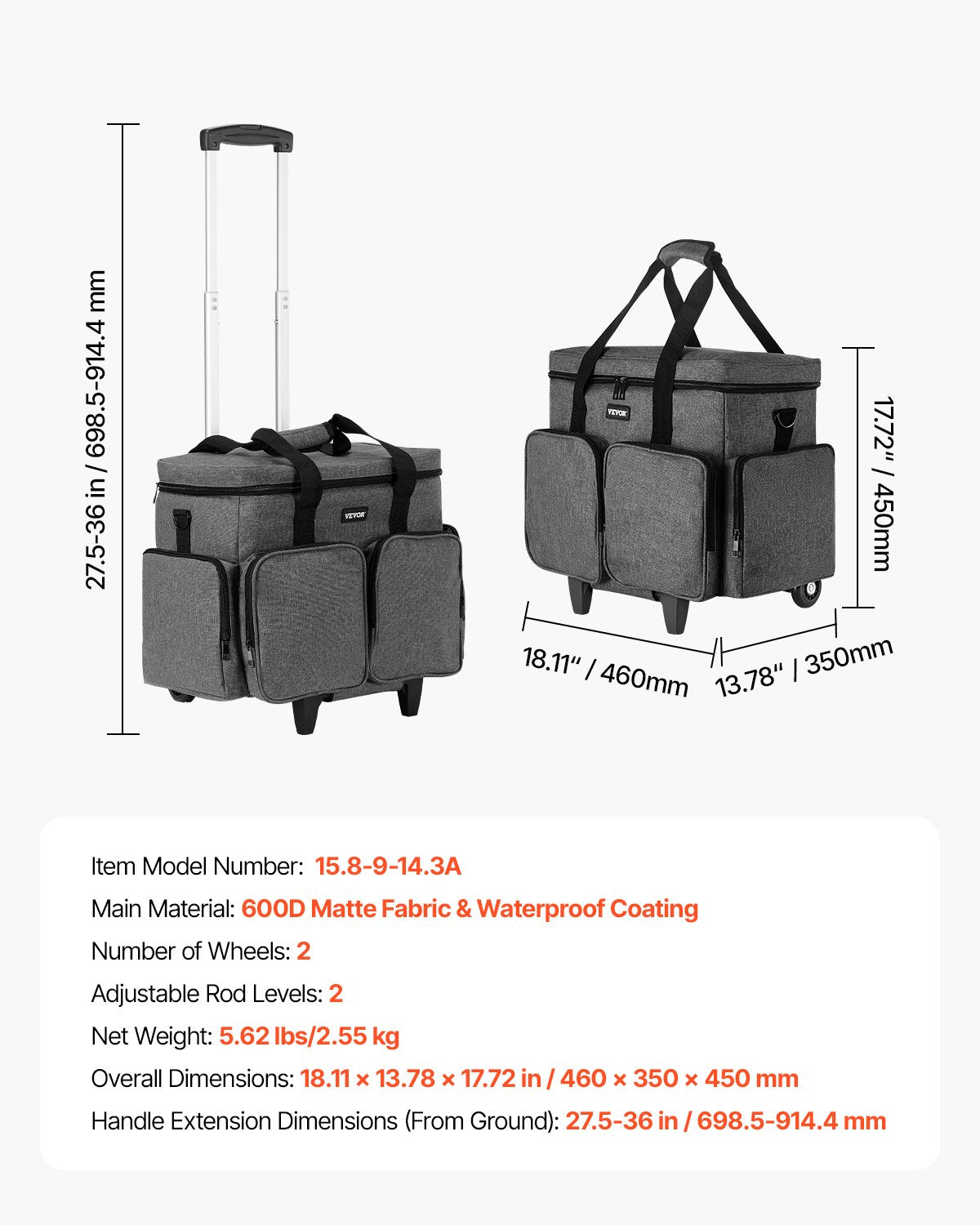 Rolling Laptop Bag 15.6 Inch Computer Bag with Wheels for Women and Men Grey