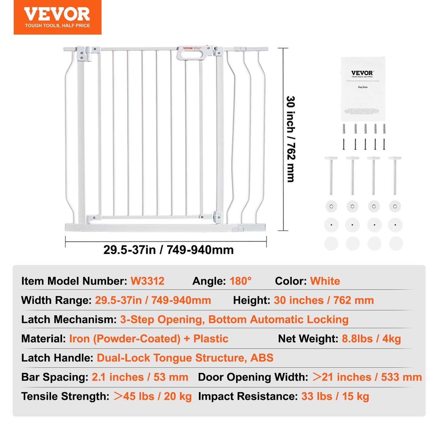 Baby Gate, 29.5"-39" Extra Wide, 30" High, Dog Gate for Stairs Doorways and Houses, Easy Step Walk Thru Auto Close Baby Gate Pet Security Gate with Pressure Mounting Kit and Wall Mounting Kit, White