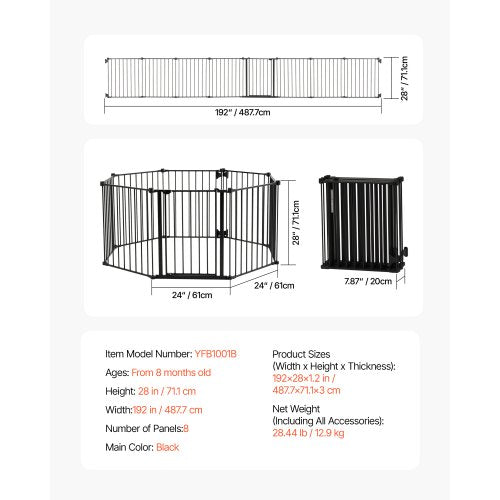 Babygrind 192 tum extra bred 28 tum hög 8-panels vikbar hundgrind svart | EU