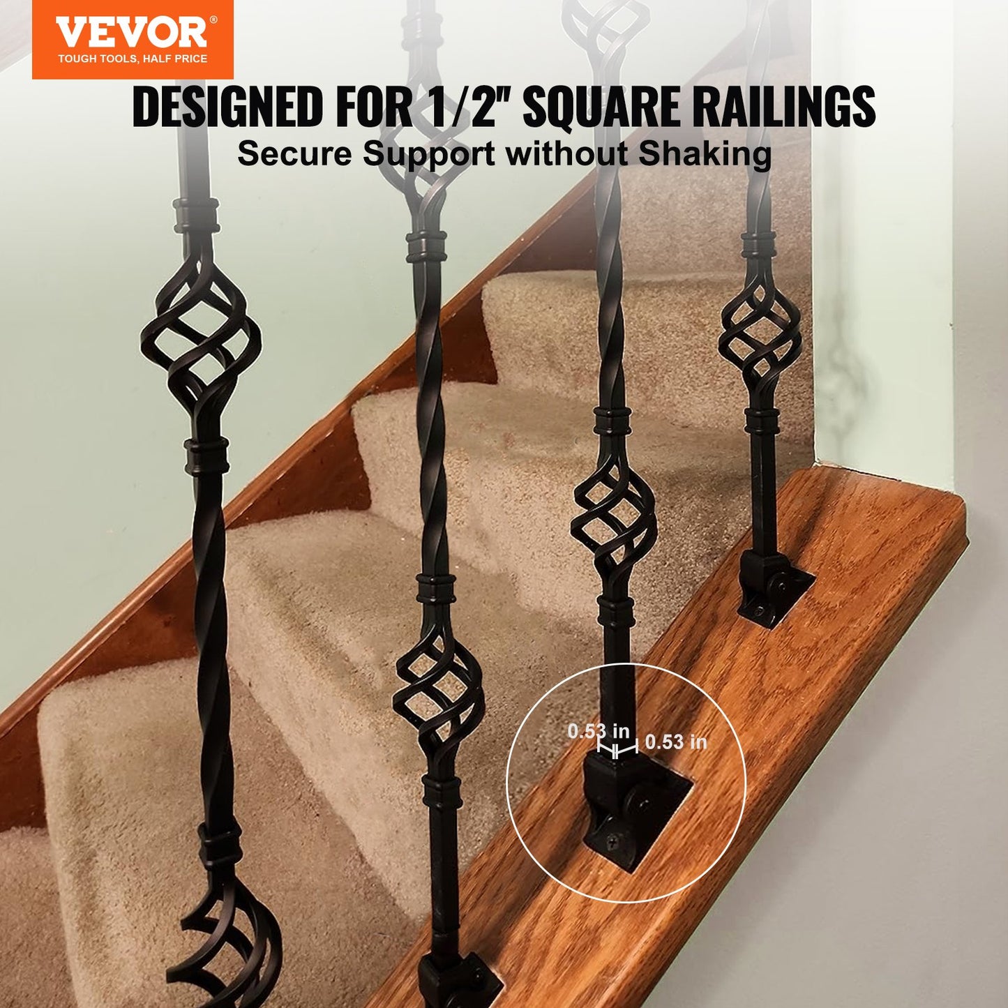 Aluminiumlegering Baluster Skor Fyrkantiga Balusters Baluster Smidesspindlar för trappor Sned Shoes med skruvhål för användning med 1/2 tums trappan Balusters, Spray Coated Black (50 st)