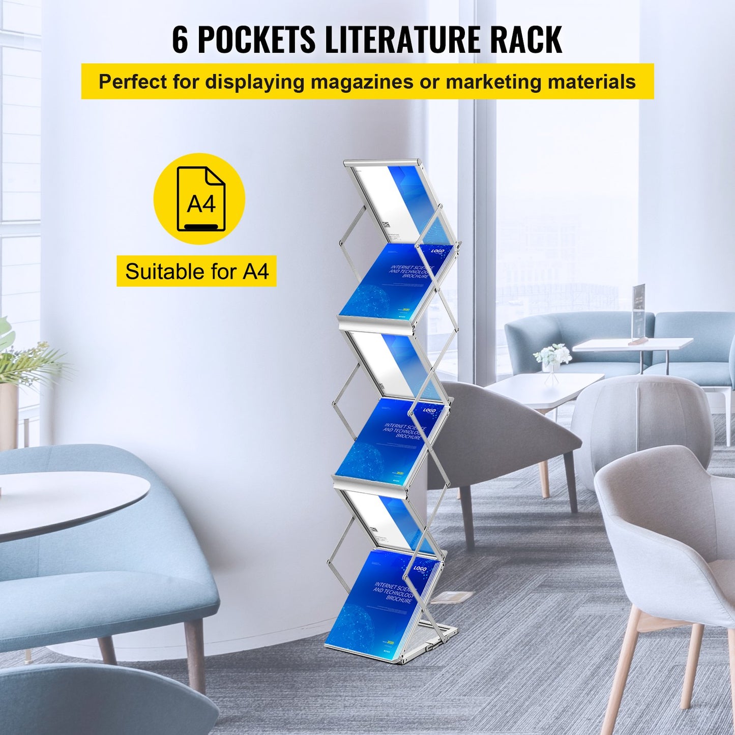 Litteraturställ, 6 fickor, pop up-tidningsställ i aluminium, lätt kataloghållare med bärväska för vardagsrum, hotell, mässa, utställning, kontor