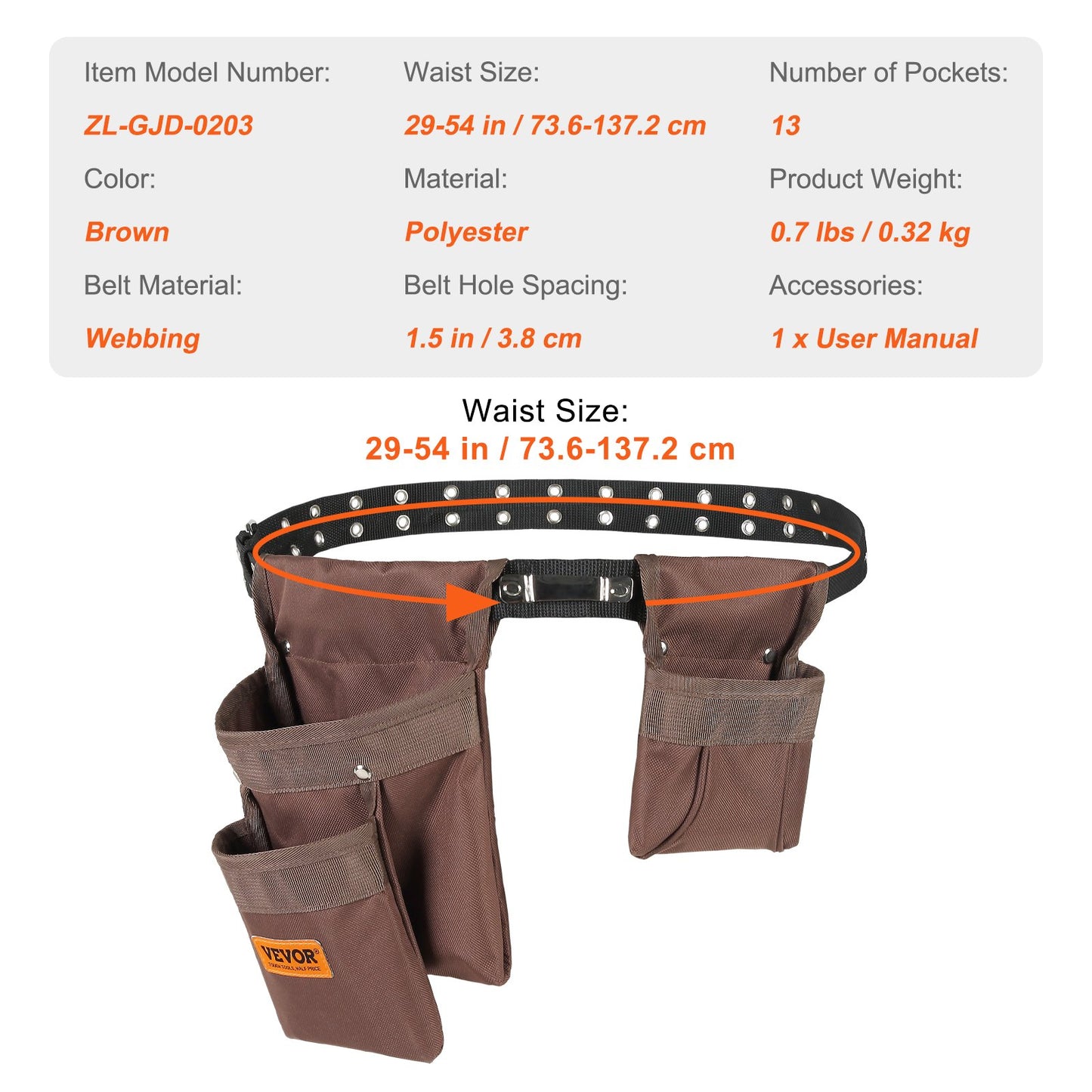 Verktygsbälte, 13 fickor, Justerbar från 29 tum till 54 tum, Polyester Heavy Duty verktygsväska, löstagbar verktygsväska för elektriker, snickare, hantverkare, träarbetare, konstruktion, ram, brun