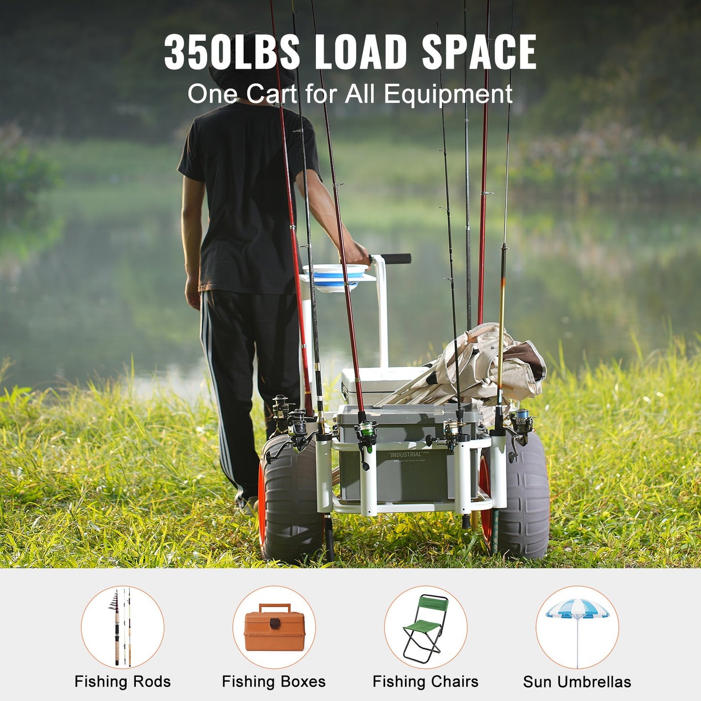 Beach Fishing Cart, 350 lbs Load Capacity, Fishing and Marine Cart with Two 16" Large Wheels PU Balloon Tires for Sand, Heavy Duty Aluminum Dockside Carts with 8 Rod Holders for Fishing, Picnic