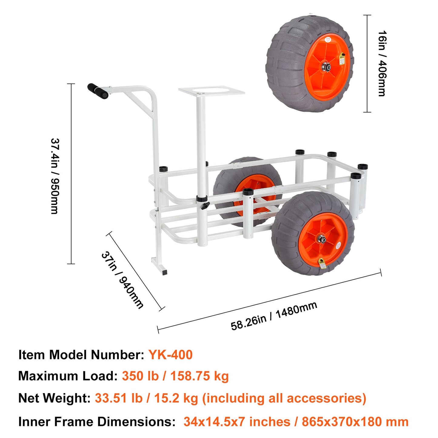 Beach Fishing Cart, 350 lbs Load Capacity, Fishing and Marine Cart with Two 16" Large Wheels PU Balloon Tires for Sand, Heavy Duty Aluminum Dockside Carts with 8 Rod Holders for Fishing, Picnic