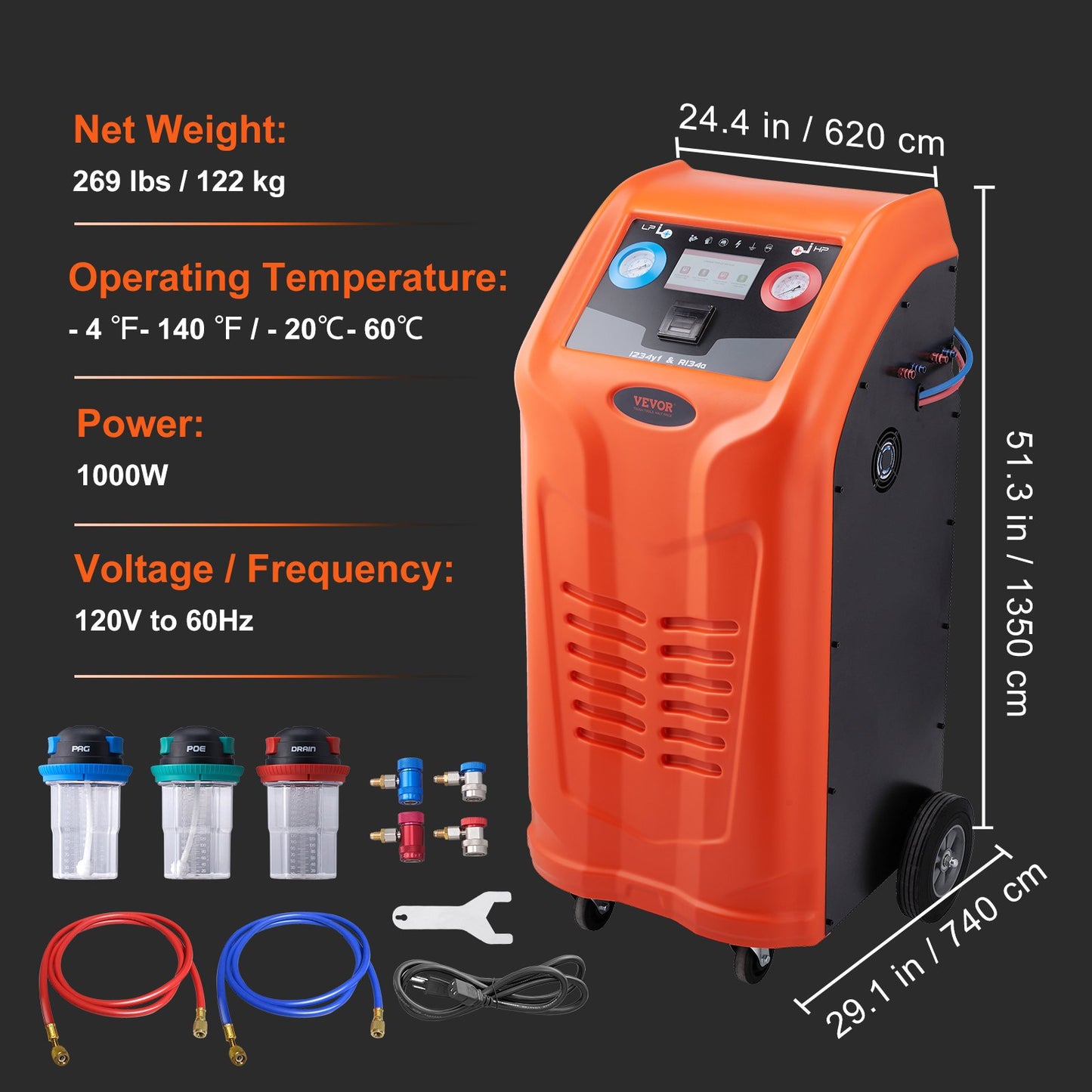 Vollautomatische Kältemittelrückgewinnungsmaschine - Doppelzylinder-AC-Rückgewinnungsmaschinen-Kit Eingebauter Kompressor/elektronische Waage/Filter/Rückgewinnungstank, HVAC-Rückgewinnungsmaschine nur für R134A+R1234YF