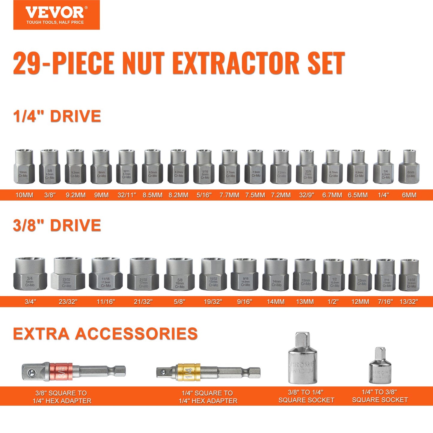 Bolzenausdreher-Set, 29-teiliges Bolzen- und Mutternausdreher-Set, 6 mm bis 10 mm, 13/32 Zoll bis 3/4 Zoll, CR-MO-Stahl-Ausdreher-Set mit Aufbewahrungstasche, zum Entfernen beschädigter, verrosteter Bolzen, Muttern und Schrauben
