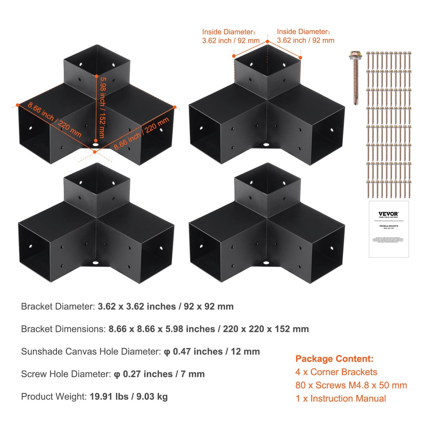 Pergola Bracket Kit 4''x4'', Innerstorlek 3,6"x3,6 4st 3-vägs Heavy Duty Hörnfäste Woodworks DIY Stolp Base Kit, Enkel installation Träbalkar för lusthus, Pergola för uteplats, timmerstuga Utomhuspergola hårdvara