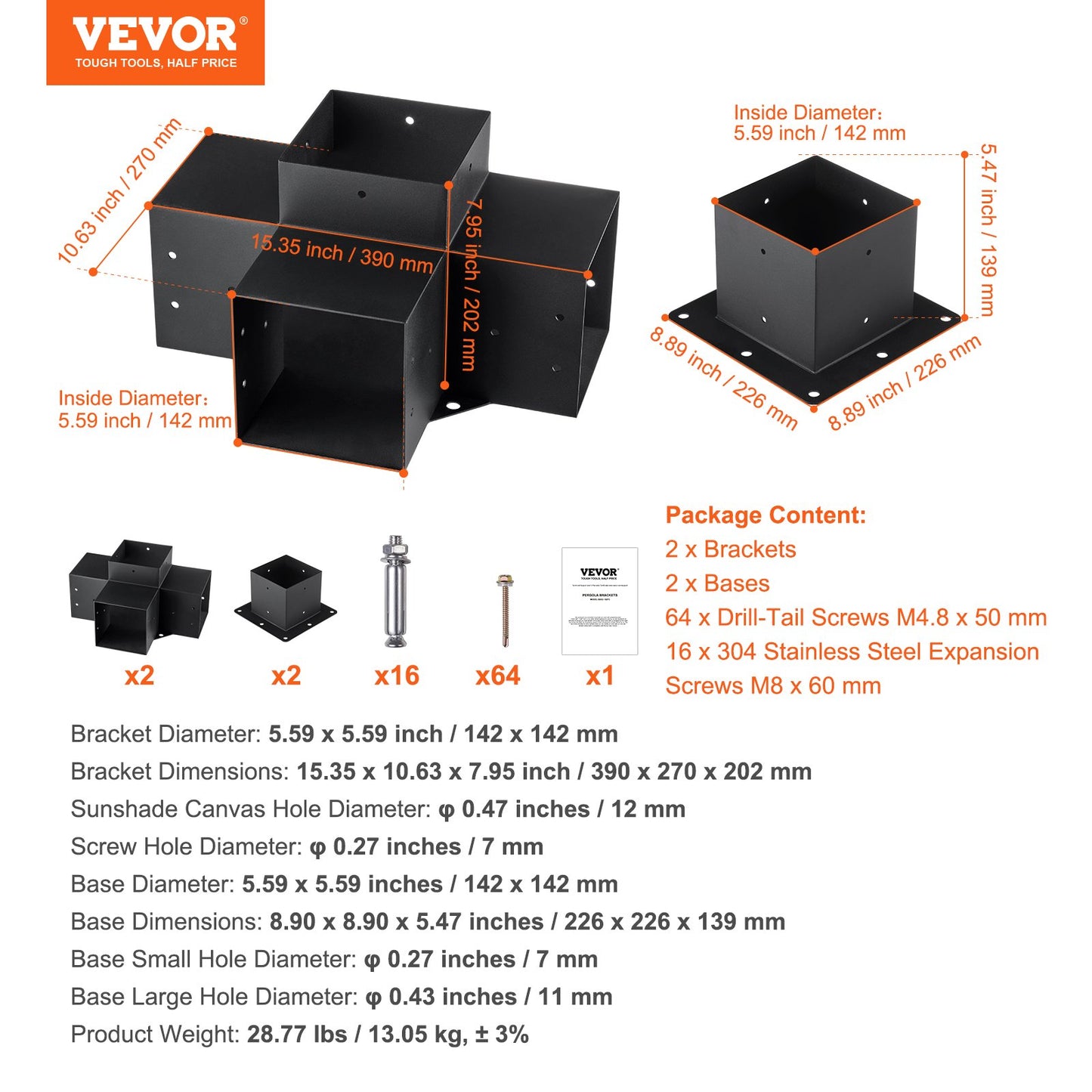 Pergola Bracket Kit 6''x6'',, Innerstorlek 5,6"x5,6 4st 4-vägs Heavy Duty Hörnfäste Woodworks DIY stolpbas, enkel installation träbjälkar för lusthus, uteplatspergolor, timmerstuga utomhuspergola hårdvara