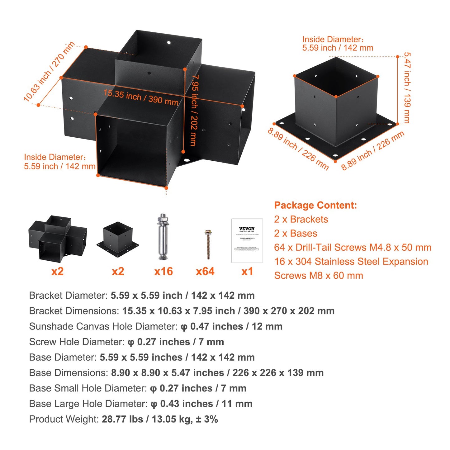 Pergola Bracket Kit 6''x6'',, Innerstorlek 5,6"x5,6 4st 4-vägs Heavy Duty Hörnfäste Woodworks DIY stolpbas, enkel installation träbjälkar för lusthus, uteplatspergolor, timmerstuga utomhuspergola hårdvara