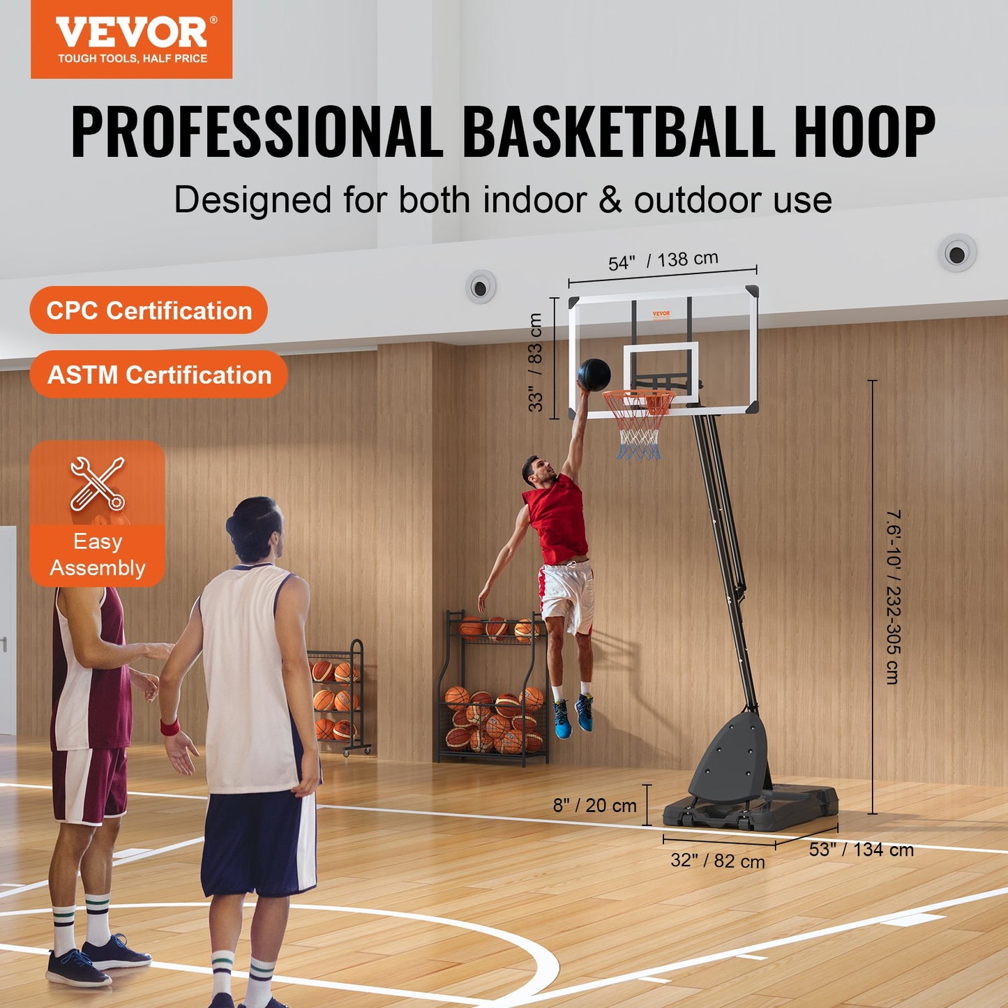 Basketbåge, 7,6-10 fot justerbar höjd bärbart ryggbrädesystem, 54 tums basketbåge och mål, barn och vuxna Basketset med hjul, stativ och fyllbar bas, för utomhus/inomhus