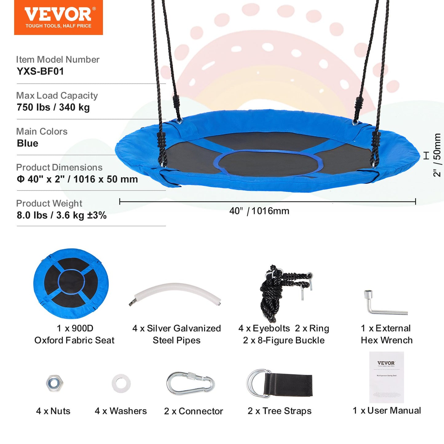 Baumschaukel 40 Zoll Fat Swing 750lbs Gewichtskapazität 900D Oxford Blau