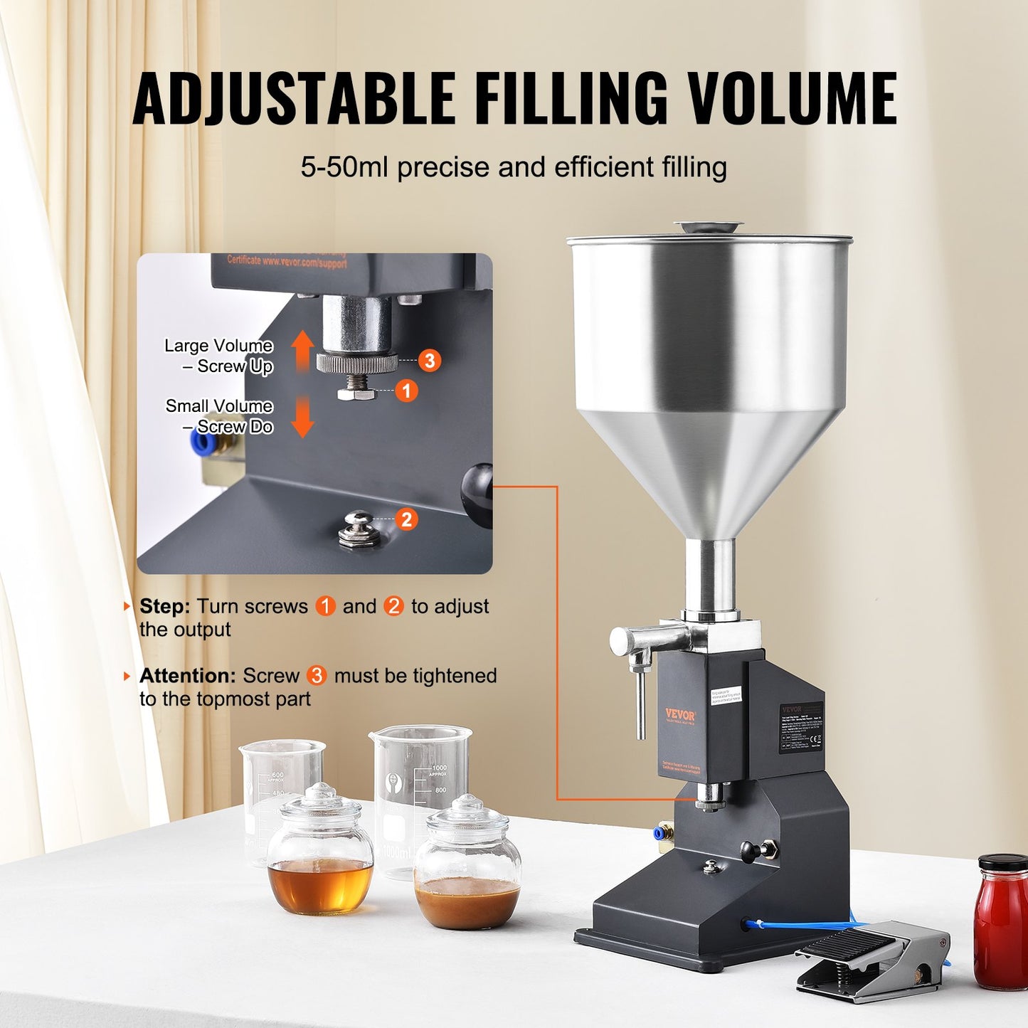 Pneumatic Paste Liquid Filling Machine, 5-50ml Bottle Filler, Bottle Filling Machine, Stainless Steel Liquid Filler with Pedal for Milk Water Juice Essential Oil Shampoo Cosmetic Honey Lotion