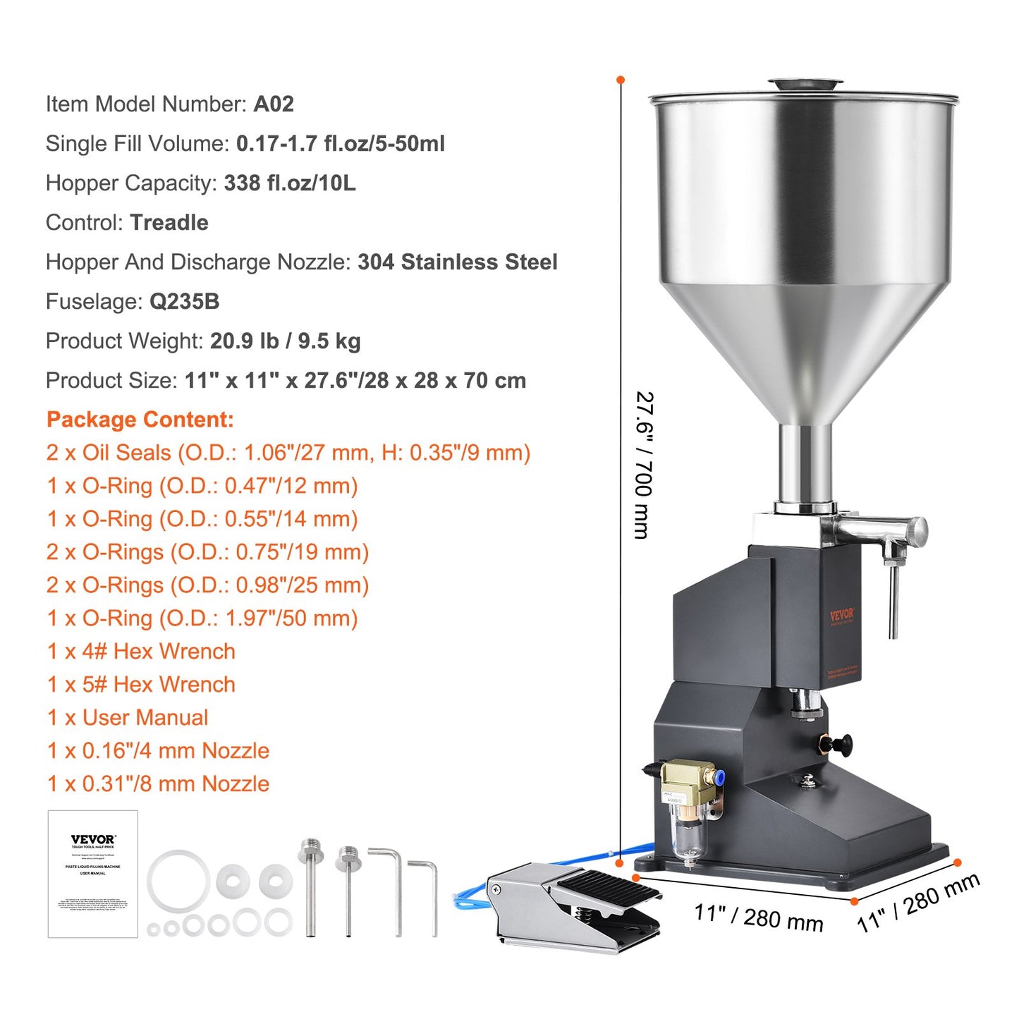 Pneumatic Paste Liquid Filling Machine, 5-50ml Bottle Filler, Bottle Filling Machine, Stainless Steel Liquid Filler with Pedal for Milk Water Juice Essential Oil Shampoo Cosmetic Honey Lotion