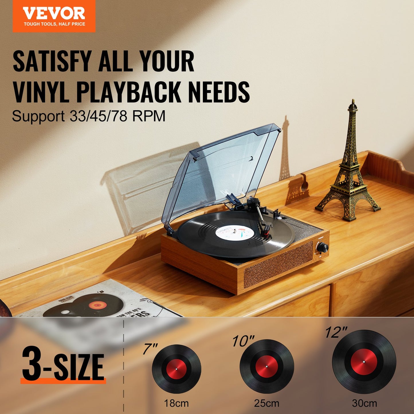 Bluetooth Vinyl skivspelare 3-hastighets bältesdrivna skivspelare 3W högtalare
