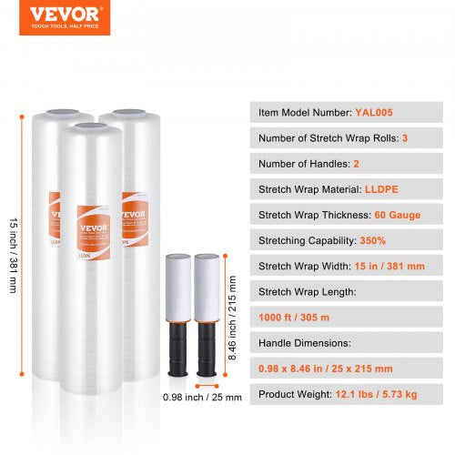 Stretch Film, 15 Inch x 1000 Feet, 3-Pack, 60 Gauge Industrial Strength Clear Durable Stretch Wrap Roll, Heavy Duty Shrink Film Stretch Wrap with Handle for Pallet Wrapping Transport Moving | EU