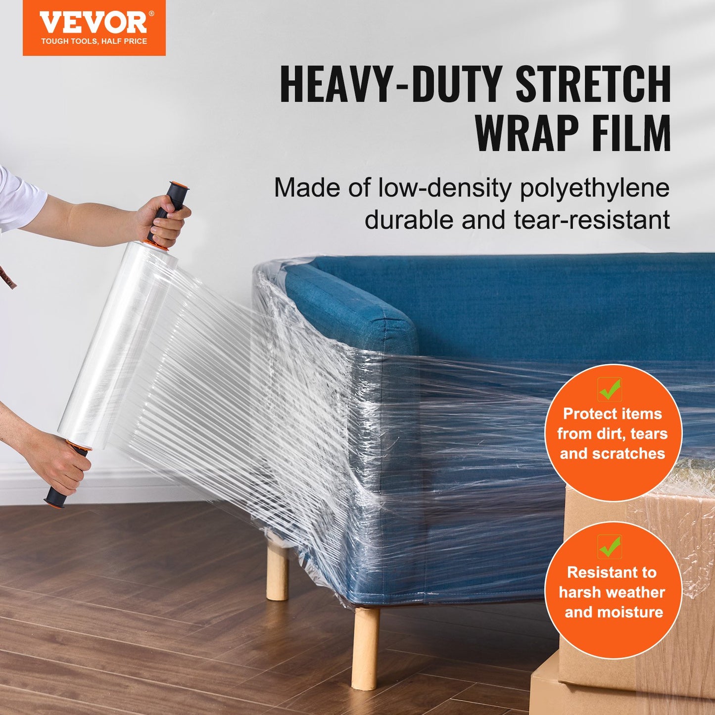 Stretch Film, 15 tum x 1200 fot, 2-pack, 80 Gauge Industriell styrka Klar Slitstark Stretch Wrap Roll, Heavy Duty Krympfilm Stretch Wrap med handtag för pallinpackning Transport Flytta