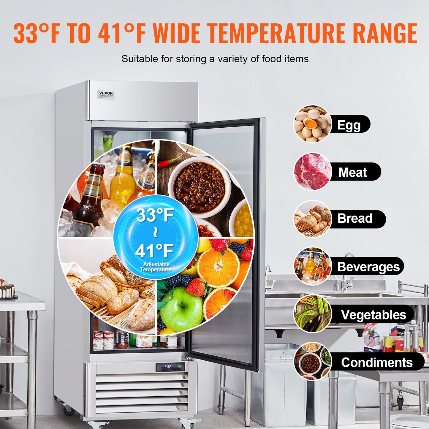Commercial Kylskåp 20,12 Cu.ft, Reach In Upprätt Kylskåp Enkeldörr, Automatisk avfrostning av rostfritt stål Reach-in Kylskåp med 3 hyllor, 28,4 till 46,4°F temperaturkontroll och 4 hjul