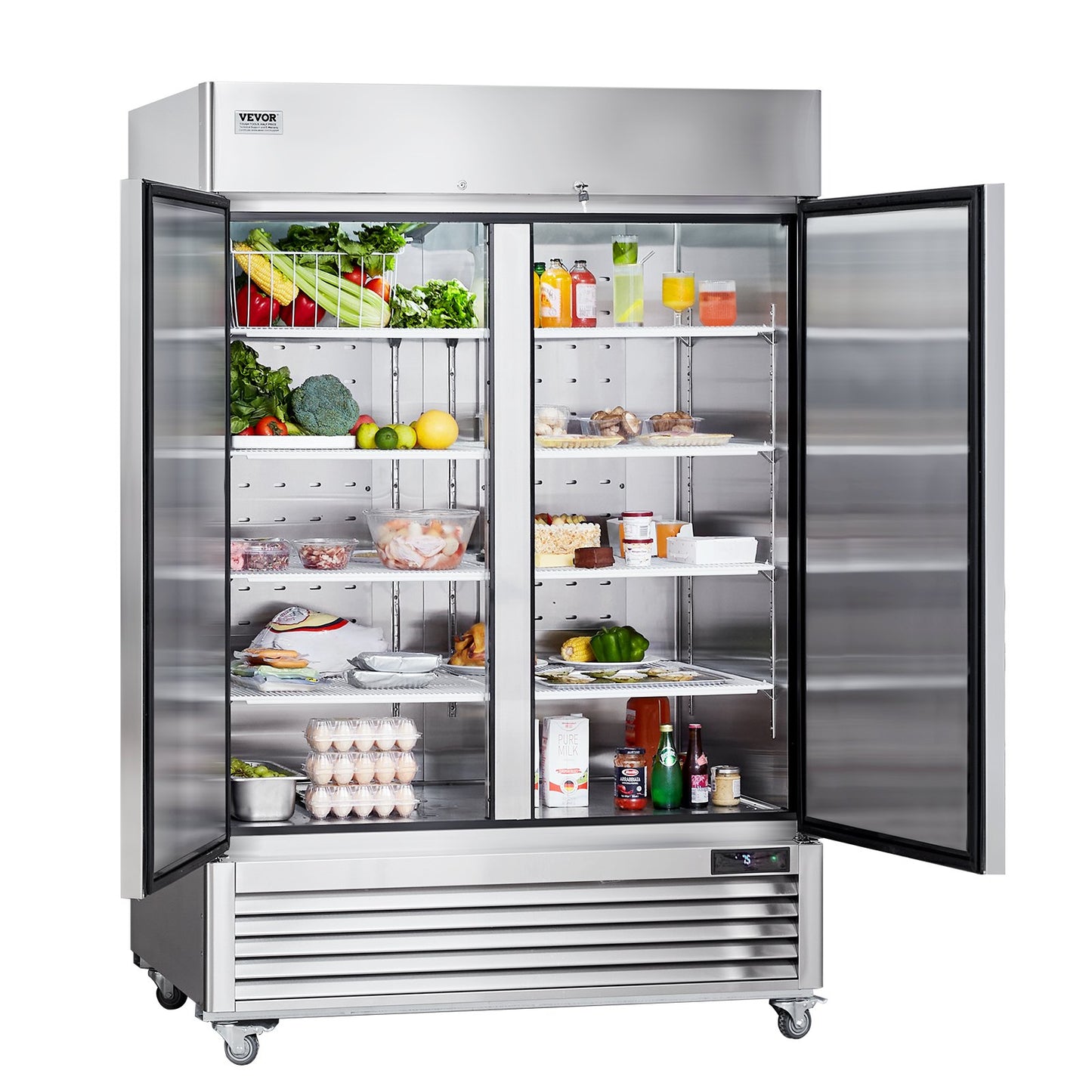Gewerbekühlschrank, 38,83 Kubikfuß, 2-türiger, aufrecht stehender Kühlschrank aus Edelstahl mit automatischer Abtaufunktion, 6 Ablagen, Temperaturregelung von -2,4 bis 8 °C und 4 Rädern