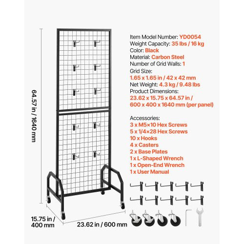 Väggpanel 600 x 1640 mm Trådställ med hjul och 10 krokar | EU