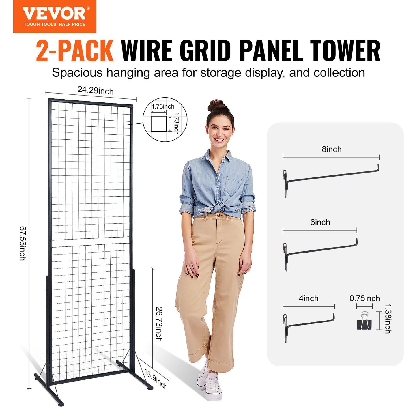 2' x 5,6' Grid Wall Panels Tower, 2-pack Wire Gridwall Display rack med T-base golvstående, dubbelsidiga Gridwall paneler för konsthantverksmässor, Retail Display med extra clips och krokar
