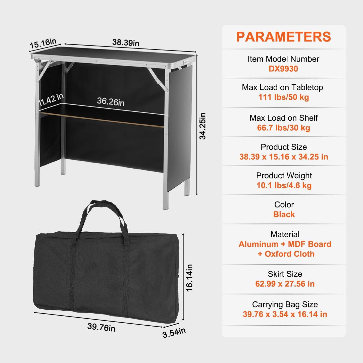 Portable Tradeshow Podium Bord, 38,39" x 15,16" x 34,25", Display Utställningsbänk monter Mässa med vägg, hopfällbar kampanj Retail Bar Bord Podium med förvaringsställ och bärväska