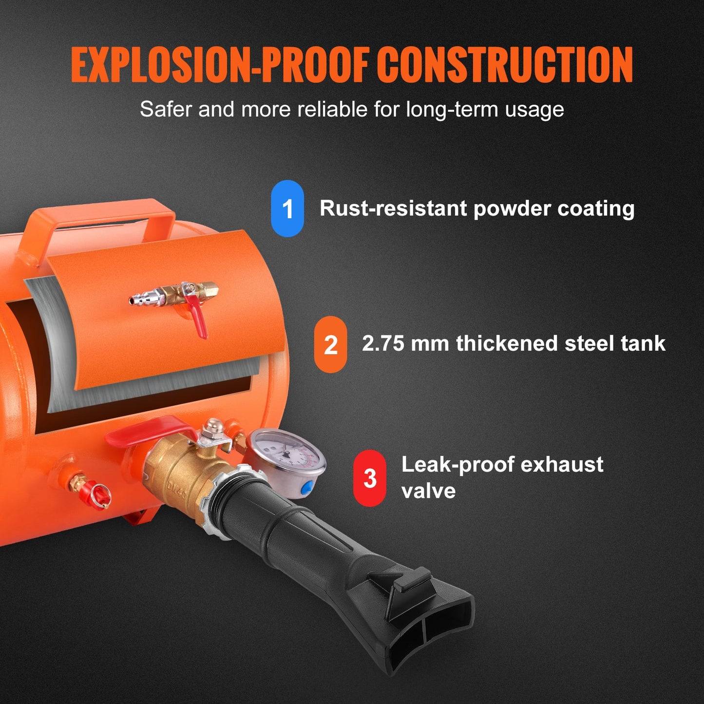 Tire Bead Blaster, 5 gallon/19L capacity, includes pressure gauge and handle, 145 PSI Max inflation tank, works between 85-116 PSI for cars, trucks and ATVs